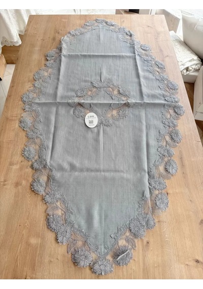 Salon Takımı Çeyizlik Gri Runner Set 5 Parça Keten Masa Örtüsü Runneri Flowers Çok Renkli