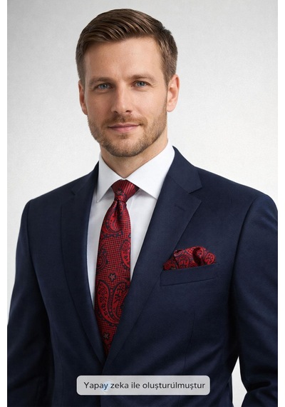 Gaffy Kırmızı Lacivert Şal Desenli Dokuma Kumaş Mendilli Slim Fit Kravat // Sdk-2604-5 Kırmızı