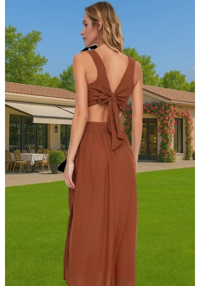 Frm Ekru Viskoz Maxi Elbise Cut Out Detaylı Plaj Elbisesi Dayanıklı M Tarçın
