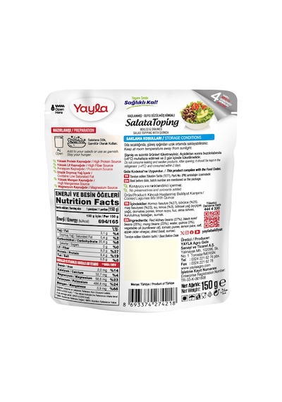 Yayla Haşlanmış Suyu Süzülmüş Kinoalı Salata Toping 150 G
