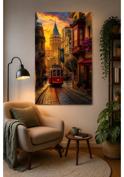 Nostaljik İstanbul Tramvaylı Baskılı Cam Tablo Galata Kulesi Uv Baskı Duvar Tablosu