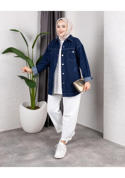 Hb Harma Time Butik Kadın Yıkamalı Cepli Denim Kot Lacivert Ceket