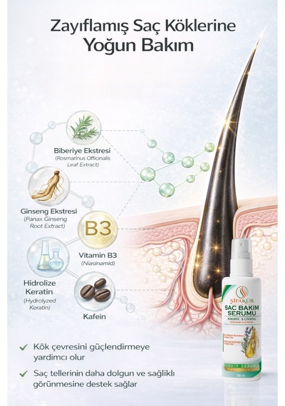 Şifakür Biberiye Ginseng Kafein Vitamin B3 Biyotin Keratin Saç Bakım Serumu 100 ML