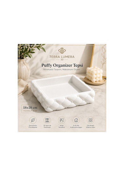 Puffy Organizer Dekoratif Düzenleyici Tepsi 18x18 Cm Beyaz Beyaz