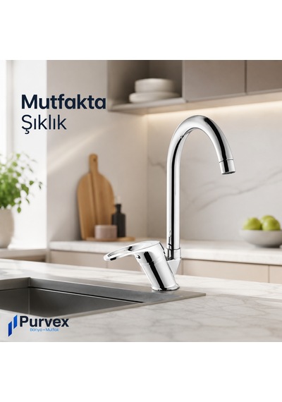 Purvex Home Klasik Mix Kuğu U Boru Evye Bataryası - Pirinç Gövde Krom Kaplama Aç-kapa Mutfak Tezgah Üstü Musluğu