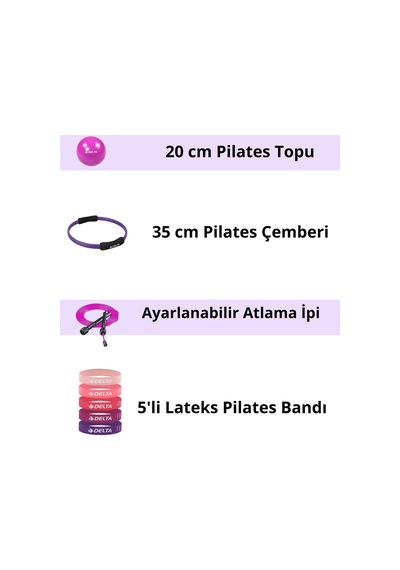 8 Parça Pilates Ve Fitness Seti Mini Pilates Topu, Pilates Çemberi, Ayarlanabilir Atlama İpi Ve 5 Li Direnç Bandı Mor