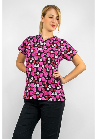 Unisex Pembe Kalpler Desenli Cerrahi Doktor Hemşire Scrubs Tek Üst Forma Pembe Pembe