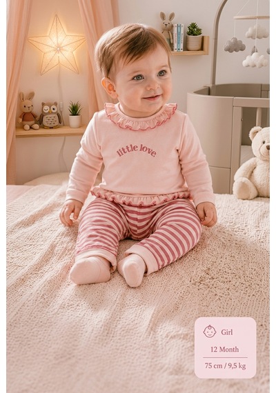 Hafy Baby Little Love Serisi, Fırfırlı Yaka Ve Kalpli Pembe Kız Bebek Takımı Pembe - Beyaz