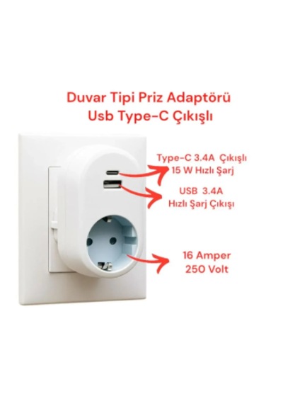 Tek-iş Duvar Tipi Priz Adaptörü Usb Type-c Çıkışlı, 3.4a Hızlı Akıllı Şarj Özellikli Golyat