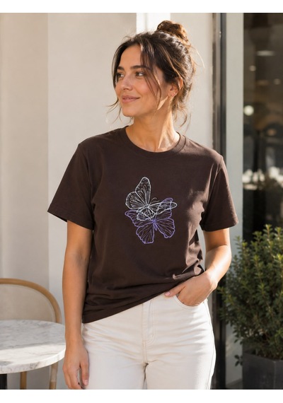 Yubisititch Tshirt Nakış İşlemeli 2li Kelebek- Penye -kahverengi