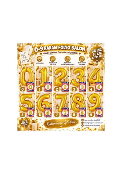 Altın Rakam Folyo Balon 0-9 34 İnç 76 Cm Altın0