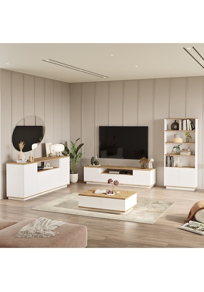 Aven Tv Ünitesi Orta Sehpa Konsol Kitaplık 4'lü Set Çam-beyaz Ave19-aw Beyaz