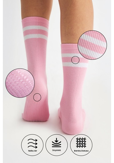 Bamboo Star Bambu Kadın Pembe Kaydırmaz Taban Silikon Baskı Yoga Fitness Pilates Bale Dans Tenis Çorabı 3'lü