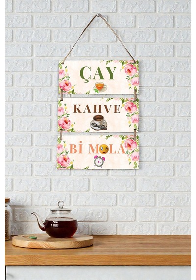 Çay Kahve Mola 3'lü Ipli Mdf Tablo Seti, Ev, Mutfak Cafe, Restoran Ahşap Duvar Süslemesi