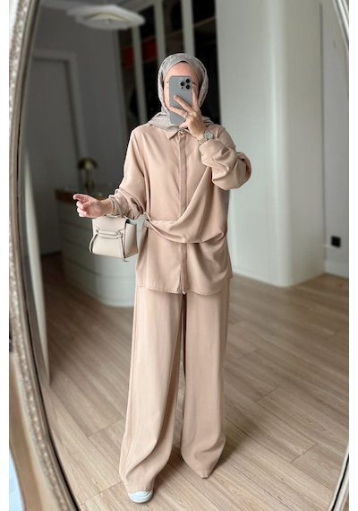 Ka Hijab Bağlama Detaylı Takım - Camel