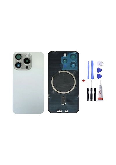 Apple Uyumlu iPhone 15 Pro Beyaz Full Nfc Ve Demirli Arka Cam Kapak Pil Kapağı Tamir Set B7000 Set Beyaz