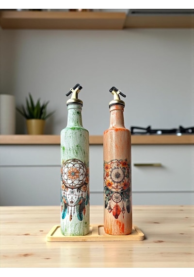 500 Ml El Boyaması Cam Yağdanlık Seti Dreamcatcher Rüya Kovucu Desenli Ahşap Standlı Turu Turuncu