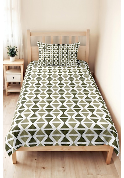 Geometrik Yeşil Minimal Tek Kişilik Pike Takımı - Haki Beyaz Bohem 160x220 Cm Yazlık Yatak Örtüsü Ahenkli Kıyı Nüansı