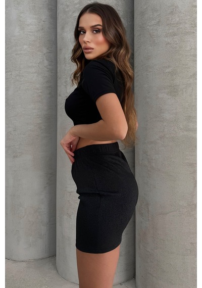 Lesa Wear Yüksel Bel Simli Mini Kalem Etek Siyah