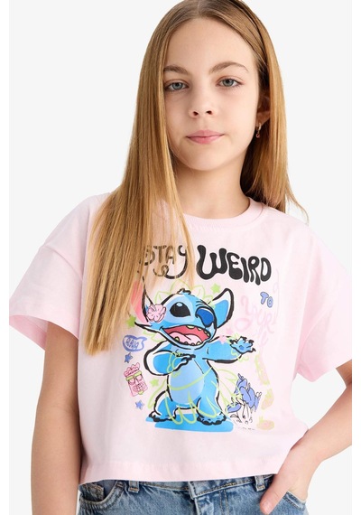 DeFacto Kız Çocuk Disney Lilo & Stitch Bisiklet Yaka Kısa Kollu Tişört E6507A825HSPN343 Pembe