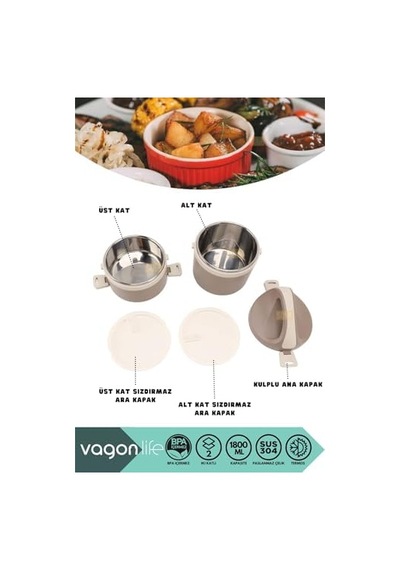 1800ml Lunchbox 2 Katlı 4-6 Saat Sıcak/soğuk Termos Özellikli Çelik Sefer Tası Yemek Kutusu Kahverengi Açık