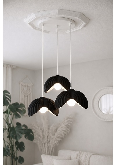 Lotus Çiçek Tasarım Üçlü Sarkıt Avize - Modern Tasarım Gece Lambası İç Dış Ortama Uygun - 25 Cm - Kahverengi Siyah