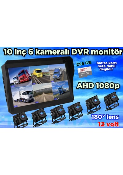 Qled 10'' Dvr Monitör 6 Adet 1080p Ahd 180 Derece Kamera 12 V