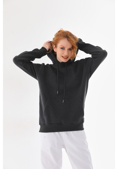 Everest Everst Kapüşonlu 3 İplik Şardonlu Cepli Sweatshirt Antrasit Antirasit