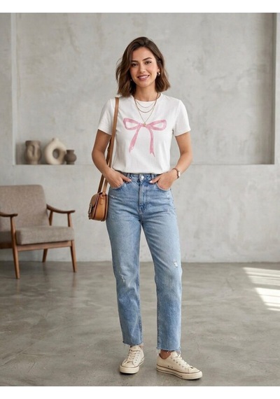 Tekli Pembe Kurdele Baskılı Oversize Comfort T-shirt Beyaz