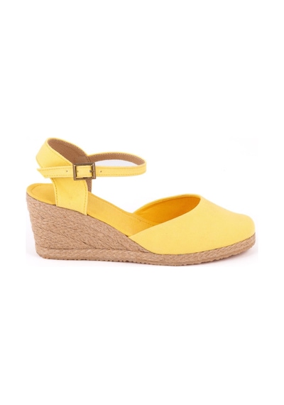 Star Tombis Gerçek Elişi Topuğu Açık Bilekten Bantlı Dolgu Topuk Keten Hasır Kadın Espadril Handmade Açık Sarı