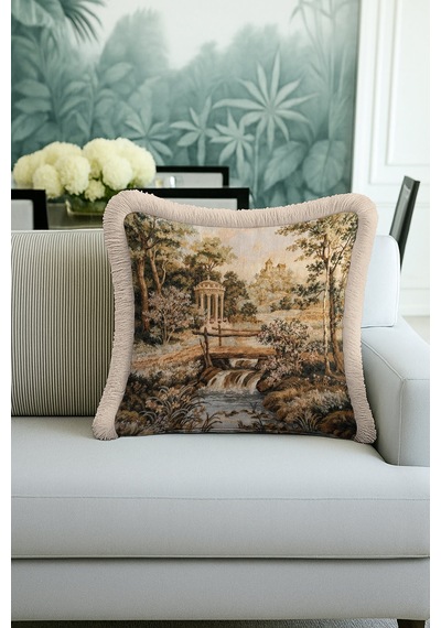 Vintage Saray Bahçe Tablosu Lüx Saçaklı Yastık Kılıfı-antik Klasik Bej Püsküllü Kırlent Kılıfı Pastel Orman Gri Vintage Saray Bahçe Tablosu Lüx Saçaklı Yastık Kılıfı-antik Klasik Bej Püsküllü Kırlent Kılıfı Pastel Orman Gri