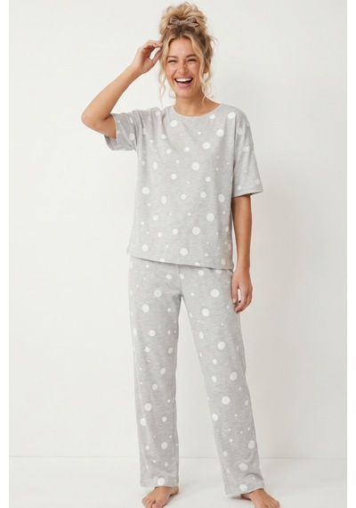 Siyah İnci Pamuklu Örme Pijama Takımı 8025 Gri Beyaz Puan