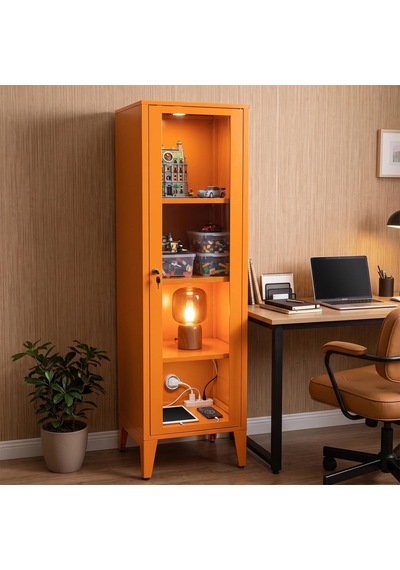 Ziglat 1550 Serisi Kilitli Metal Home Office Dolabı Cam Kapaklı Turuncu 450x1500x450 Mm