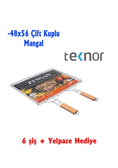 İki Kulplu Paslanmaz Krom Kaplama Tel Mangal Izgarası 48x56 Cm 6 Şiş Ve Yelpaze Hediyeli