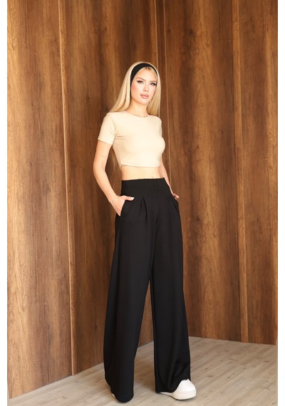 Ozy Fashion Kadın Modal Kumaş Yüksek Bel Pileli Geniş Paça Cepli Eşofman Altı Siyah