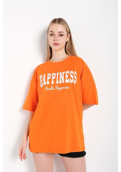Flood Of Style Kadın Turuncu Happıness Baskılı Oversize Tshirt