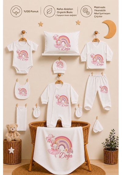 Pia Baby Kız Bebek Hastane Çıkışı 11 Parça %100 Pamuk İsimli Kişiye Özel Organik Baskılı Set 2047113x Ekru