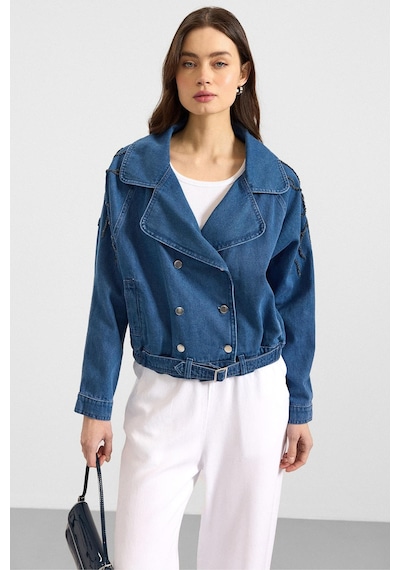 Olcay Kolu Boncuk İşlemeli Astarsız Denim Ceket Mavi 8283