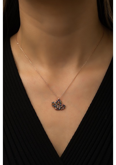 Papatya Silver Kaktüs Kolye Mix Renkli Nano Zikon Taşlı Rose Gold Kaplama 925 Ayar Gümüş Kolye - UVPS100426