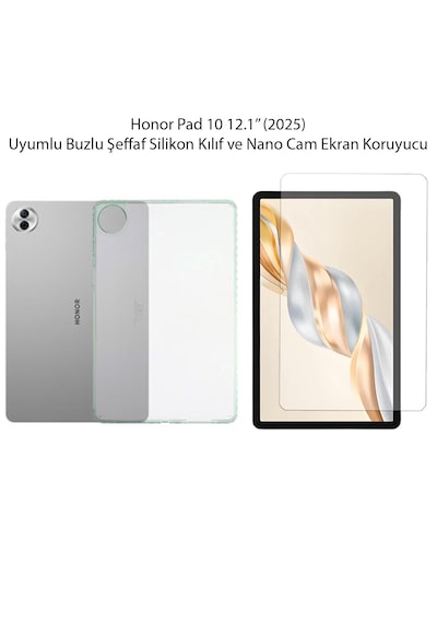 Honor Pad 10 12.1'' 2025 Uyumlu Buzlu Şeffaf Kılıf Ve Nano Cam Ekran Koruyucu Set Arka Kapak