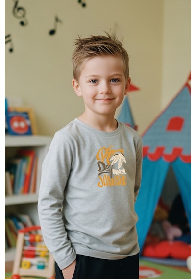 Fyk Kids Sıfır Yaka Rio De Jenerio Baskılı Erkek Çocuk Sweatshirt Gri