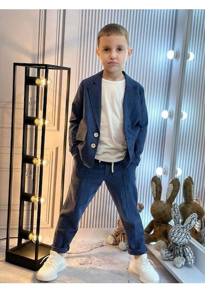 R.g Erkek Çocuk Keten Ceket T-shirt Pantolon 3lü Basic Takım Elbise-15870 Lacivert