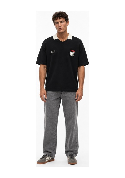 Respire Erkek Yaka Detaylı Oversize T-shirt Siyah