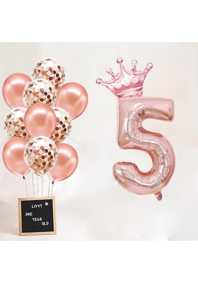 5 Rakam Rose Gold Folyo Balon, Kral Tacı Ve Konfetili Rose Gold Balon