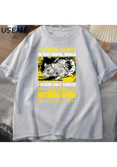 Flood Of Style Ben Arzu Sadece Peynir T-shirt Erkekler Komik Pamuk Japon Sıçan Grpahic Tees Casual Pamuk Kıs Gri