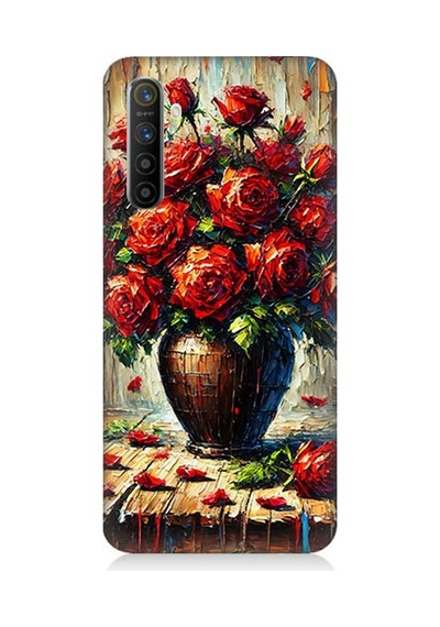 Realme X2 Uyumlu Kırmızı Vazoda Gül Ziyafeti Desenli Silikon Kılıf Çok Renkli