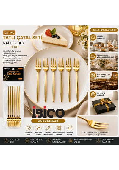 60 Parça Gold Tatlı Çatal Seti 13cm - 1 Paket İçinde 6 Adet Vardır - 10 Paket Gönderilir 5468 Çok Renkli
