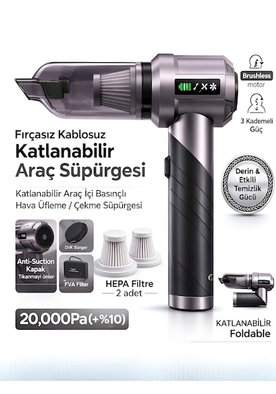 Çantalı 20000pa 6000mah Araç İçi Süpürge 100w Katlanabilir Şarjlı Vakum Üfleme Fonksiyonlu Gri