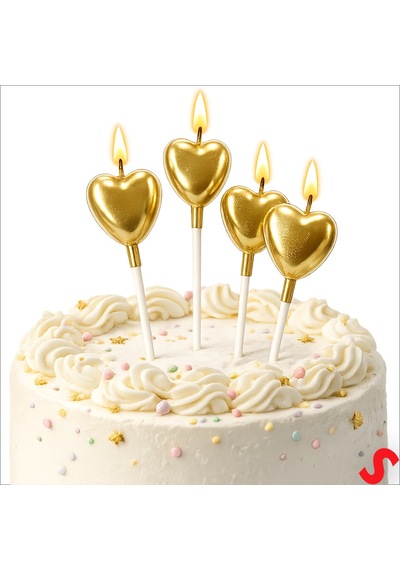 Çubuklu Metalik Altın Kalp Mum - 13 Cm X 4 Adet