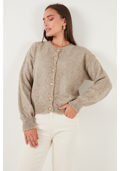 Lela Premium Regular Fit Bisiklet Yaka Yumuşak Dokulu Bayan Hırka 680Hi00147 Vizon